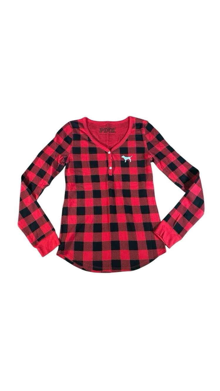 Victoria’s Secret PINK Women’s Large Red Black Buffalo Plaid Henley Sleep Shirt